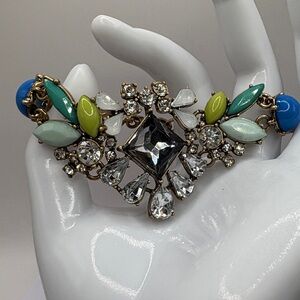 J. Crew Mixed Crystal & Stone Statement Bracelet Blue Green Brass
